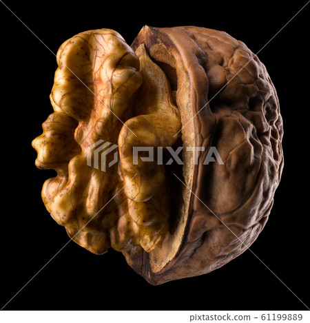 Macro photo of half opened walnut with kernel isolated on a black background 61199889