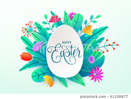 Happy easter background isolated on white. Holiday greeting in paper cut 3d origami style with egg and minimalistic flat color flowers. Vector illustration. Place for your greeting text Happy easter background isolated on white. Holiday greeting in paper cut 3d origami style with egg and minimalistic flat color flowers. Vector illustration. Place for your greeting text 61200677