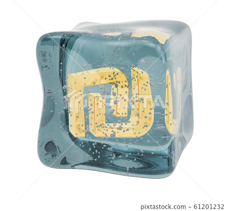 Shekel symbol frozen in ice cube, 3D rendering Shekel symbol frozen in ice cube, 3D rendering 61201232