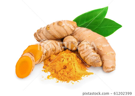 turmeric root and powder isolated on white background close up 61202399