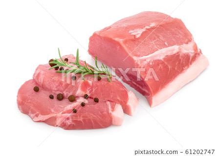 Raw pork meat with rosemary and peppercorn isolated on white background 61202747