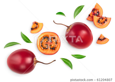 Fresh tamarillo fruit with leaves isolated on white background. Top view. Flat lay 61204807