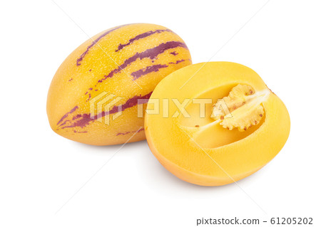 Fresh Pepino fruit with half isolated on white background. 61205202