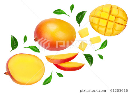 Mango fruit and half with slices isolated on white background with copy space for your text. Top view. Flat lay Mango fruit and half with slices isolated on white background with copy space for your text. Top view. Flat lay 61205616