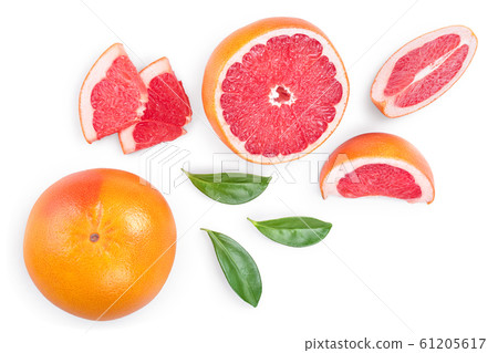 Grapefruit and slices with leaves isolated on white background. Top view. Flat lay Grapefruit and slices with leaves isolated on white background. Top view. Flat lay 61205617
