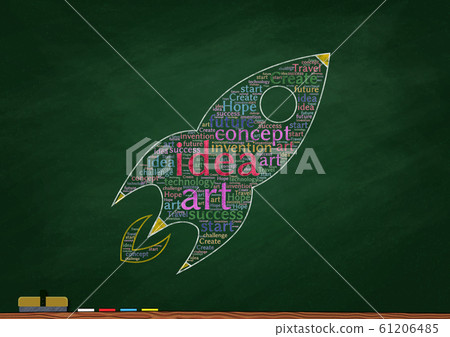 An abstract rocket packed with messages drawn on a blackboard 61206485