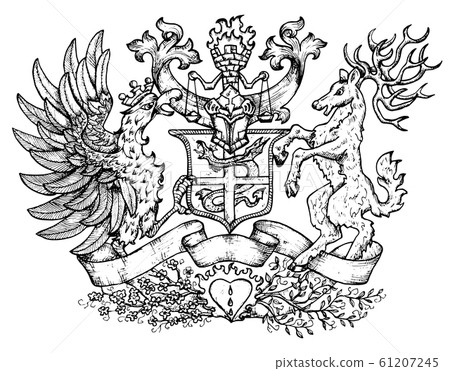 Heraldic emblem with fairy rooster bird and deer with big horns. 61207245