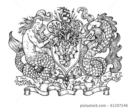 Heraldic emblem with mermaid and monster fish dolphin on white, line art. 61207246