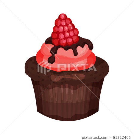 Tasty Sweet Chocolate Cupcake, Delicious Dessert with Cream and Fresh Raspberry Vector Illustration 61212405