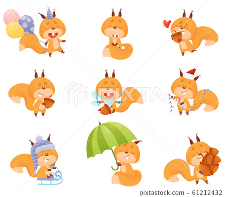 Cartoon Squirrel Character Engaged in Different Activities Vector Set Cartoon Squirrel Character Engaged in Different Activities Vector Set 61212432