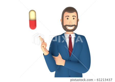 Cartoon character, businessman in suit with pointing finger at an medical pill. 3d rendering 61213437