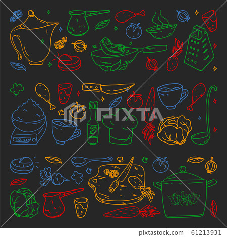Pattern on blackboard drawn in colorful style, with gastronomy icons, vector cuisine and fast food cafe bright background for menu, receipts. Pattern on blackboard drawn in colorful style, with gastronomy icons, vector cuisine and fast food cafe bright background for menu, receipts. 61213931