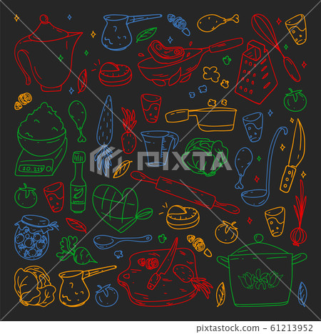 Pattern on blackboard drawn in colorful style, with gastronomy icons, vector cuisine and fast food cafe bright background for menu, receipts. Pattern on blackboard drawn in colorful style, with gastronomy icons, vector cuisine and fast food cafe bright background for menu, receipts. 61213952