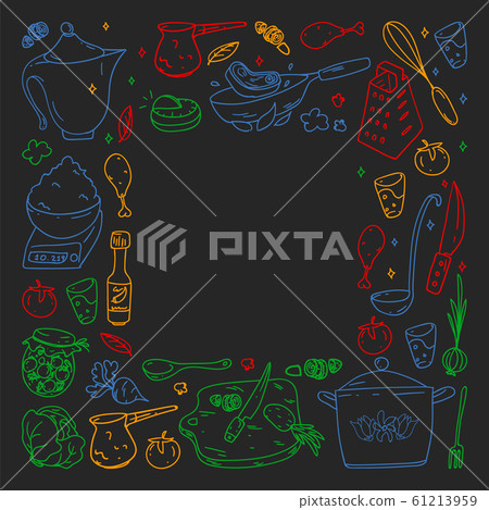 Pattern on blackboard drawn in colorful style, with gastronomy icons, vector cuisine and fast food cafe bright background for menu, receipts. Pattern on blackboard drawn in colorful style, with gastronomy icons, vector cuisine and fast food cafe bright background for menu, receipts. 61213959