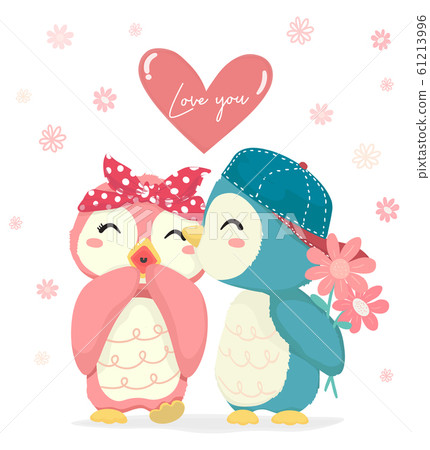 cute blue penguin boy with flower kiss happy pink cute blue penguin boy with flower kiss happy pink 61213996