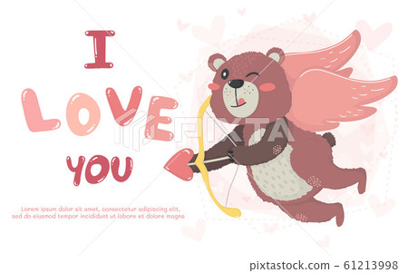 flat vector cute teddy bear cupid with heart bow 61213998