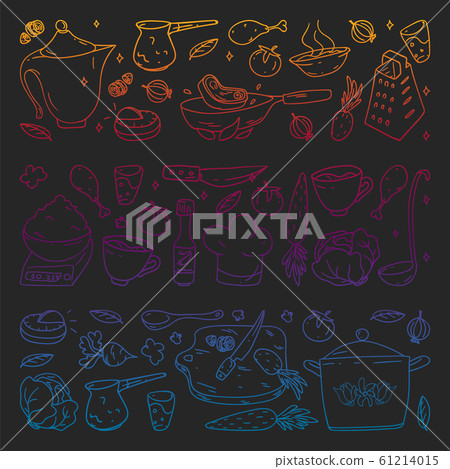 Gradient pattern on blackboard drawn in chalk, with gastronomy icons, vector cuisine and fast food cafe bright background for menu, receipts. Gradient pattern on blackboard drawn in chalk, with gastronomy icons, vector cuisine and fast food cafe bright background for menu, receipts. 61214015