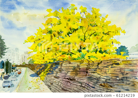 Painting watercolor landscape of golden tree 61214219