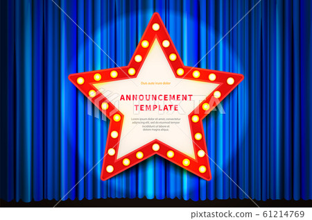 Star shaped red frame with lighting bulbs, template in vintage style on blue curtain 61214769