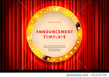 Round shape gold frame with lighting bulbs, template in vintage style on red curtain 61214770