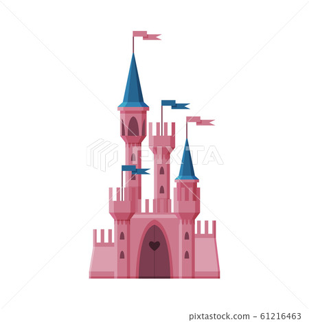 Pink Medieval Fairytale Castle, Fortress with Towers, Ancient Fortified Palace Exterior Vector Illustration 61216463