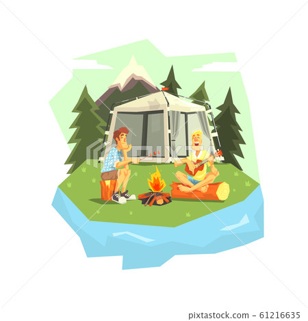 Male Tourists Camping, Two Men Sitting Near Bonfire Roasting Marshmallows and Playing Guitar Vector illustration Male Tourists Camping, Two Men Sitting Near Bonfire Roasting Marshmallows and Playing Guitar Vector illustration 61216635