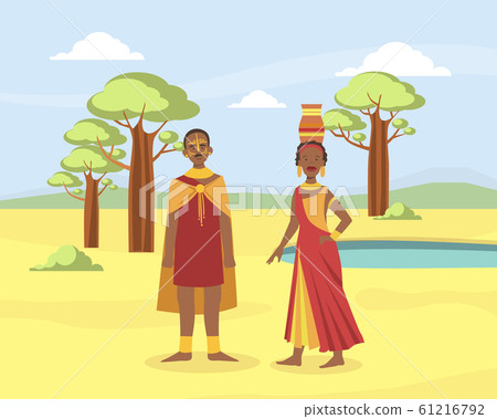 African Family Couple, Young Man and Woman in Traditional National Clothes on African Savannah Landscape Background Vector illustration African Family Couple, Young Man and Woman in Traditional National Clothes on African Savannah Landscape Background Vector illustration 61216792