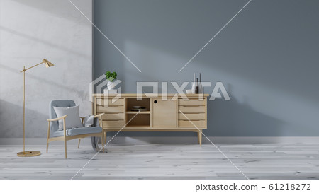 Loft and Modern mid Century interior of living room, Blue armchairs with wood sideboard on white flooring and blue wall ,3d rendering Loft and Modern mid Century interior of living room, Blue armchairs with wood sideboard on white flooring and blue wall ,3d rendering 61218272