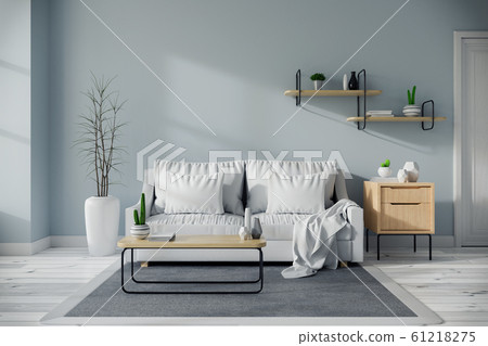 Modern mid century and minamalist interior of living room design concept, white sofa and wood table on blue wall and wood floor ,3d render Modern mid century and minamalist interior of living room design concept, white sofa and wood table on blue wall and wood floor ,3d render 61218275