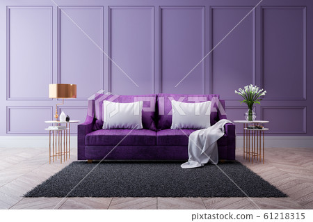 Luxury modern interior of living room ,Ultraviolet home decor concept ,purple sofa and black table with gold lamp on light purple wall and woodfloor ,3d render 61218315