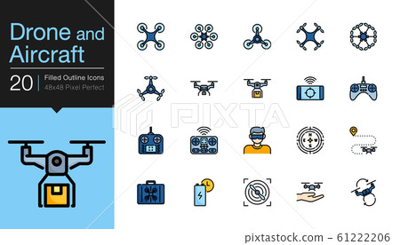 Drone, Aircraft and Aerial icons. Filled outline Drone, Aircraft and Aerial icons. Filled outline 61222206