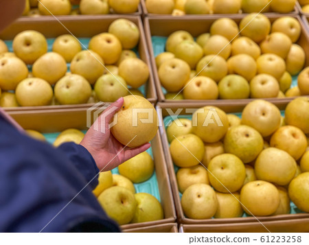 Woman hand picking fresh yellowish pear at grocery store Woman hand picking fresh yellowish pear at grocery store 61223258
