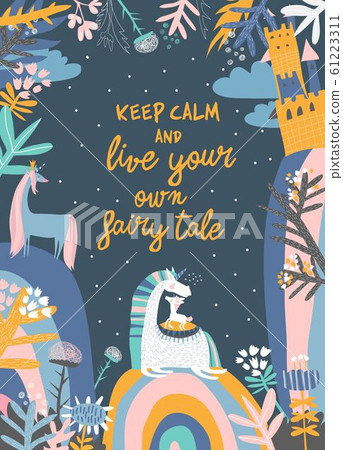 Cute magic frame composed of unicorns,rainbow and flowers 61223311