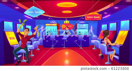 People gambling in casino playing on slot machines 61223808