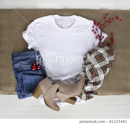 White tshirt mockup - shirt boots plaid scarf and White tshirt mockup - shirt boots plaid scarf and 61225481