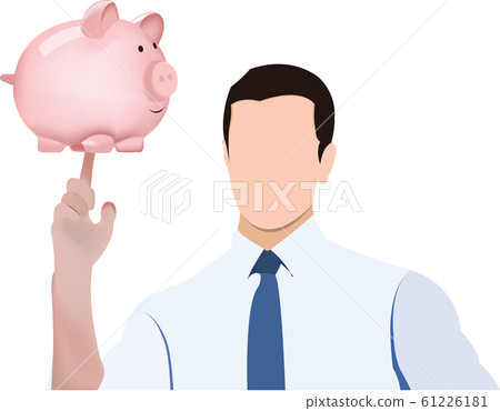 person with raised finger and piggy bank 61226181