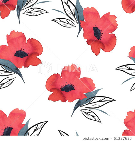 Watercolor abstract seamless background with red poppies and leaves, hand-drawn background. Floral Watercolor abstract seamless background with red poppies and leaves, hand-drawn background. Floral 61227653
