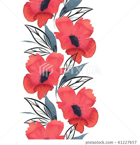 Watercolor abstract seamless border with poppies and leaves, hand-drawn background. Isolated on Watercolor abstract seamless border with poppies and leaves, hand-drawn background. Isolated on 61227657