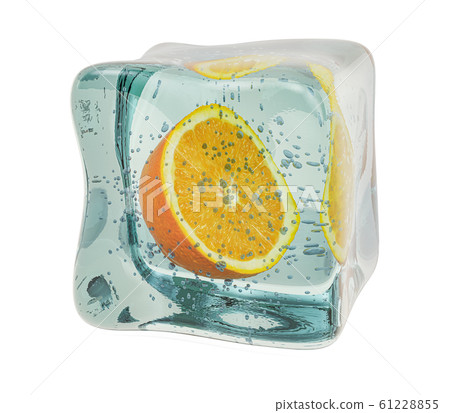 Orange frozen in ice cube, 3D rendering Orange frozen in ice cube, 3D rendering 61228855