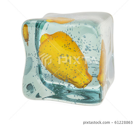 Lemon frozen in ice cube, 3D rendering Lemon frozen in ice cube, 3D rendering 61228863