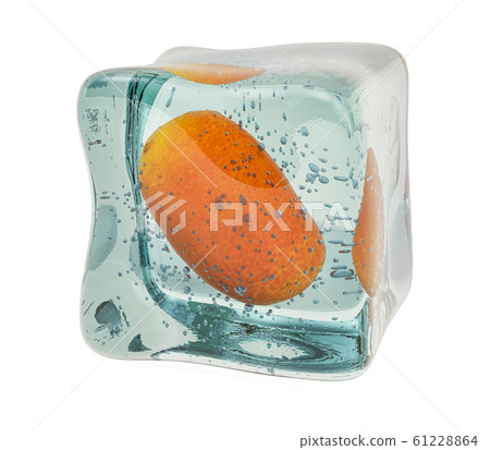 Kumquat fruit frozen in ice cube, 3D rendering Kumquat fruit frozen in ice cube, 3D rendering 61228864