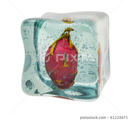 Dragon fruit frozen in ice cube, 3D rendering 61228871