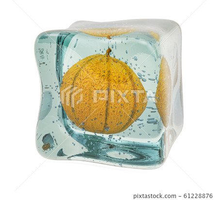 Charentais melon frozen in ice cube, 3D rendering 61228876