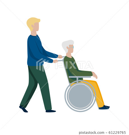 Old man in a wheelchair and volunteer on white background. 61229765