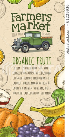 Retro pickup truck , fruits, vegetables engraving. 61229936