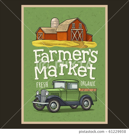 Retro pickup truck and hangar engraving. 61229938