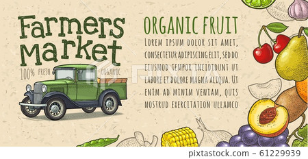 Retro pickup truck, fruits, vegetables engraving. Retro pickup truck, fruits, vegetables engraving. 61229939