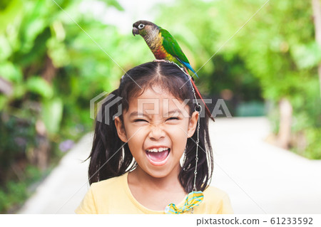 Beautiful little parrot birds standing on child head. Asian child girl play with her pet parrot bird 61233592