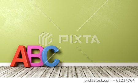 ABC Text on Wooden Floor Against Wall ABC Text on Wooden Floor Against Wall 61234764