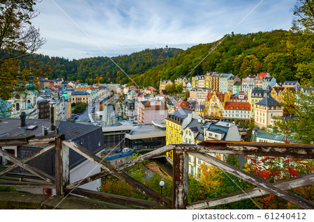 Cityscape of Karlovy Vary with thermal spring colonnade and church Cityscape of Karlovy Vary with thermal spring colonnade and church 61240412